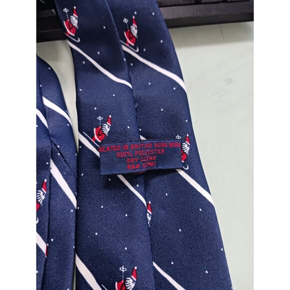 Men's Christmas Tie Navy Blue W/Santa on Ski Over White Stripe - Picture 2 of 2